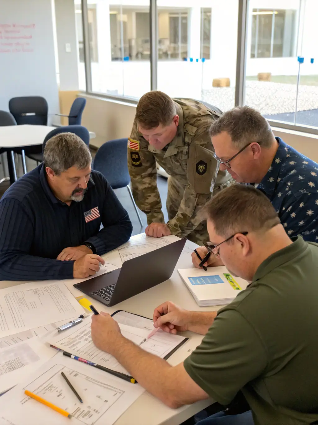 A group of veterans and military spouses collaborating on an AI project during a training workshop.